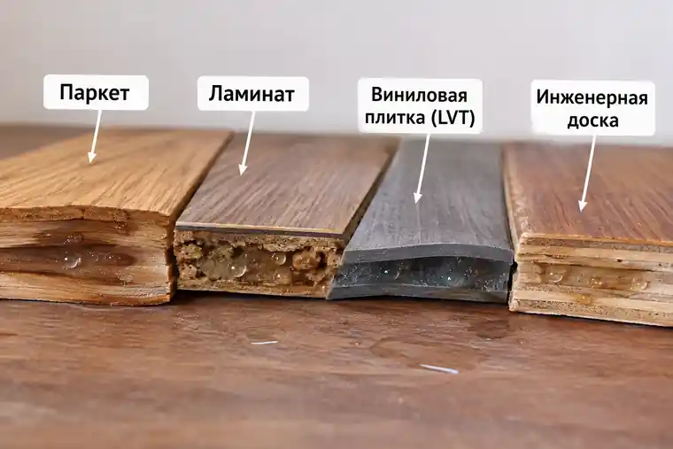 Влажные напольные покрытия в разрезе: паркет, ламинат, виниловая плитка LVT и инженерная доска